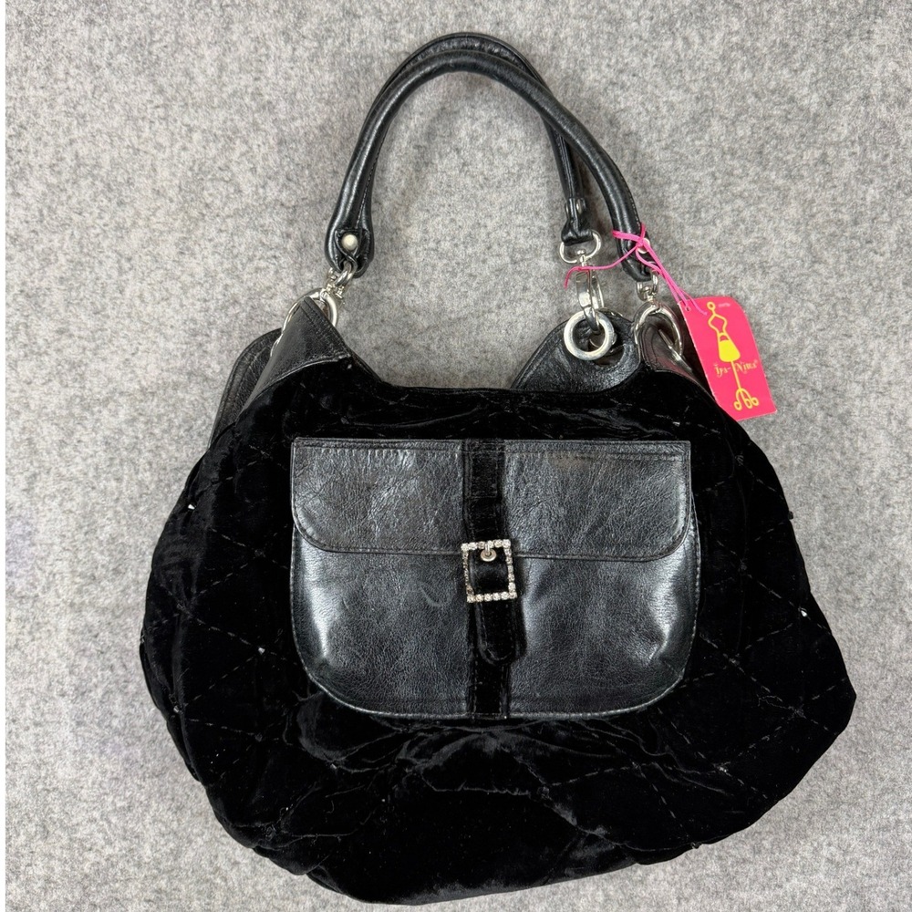 Ipa-Nima Black Quilted Velvet Leather Hobo Shoulder Bag Rhinestone Buckle NWT
